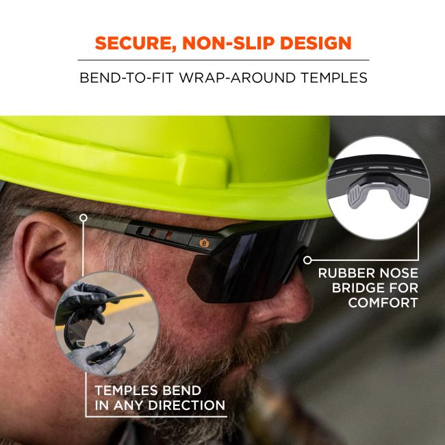 Secure non-slip design, bend to fit wrap around temples. Rubber nose bridge for comfort. Temples bend in any direction.