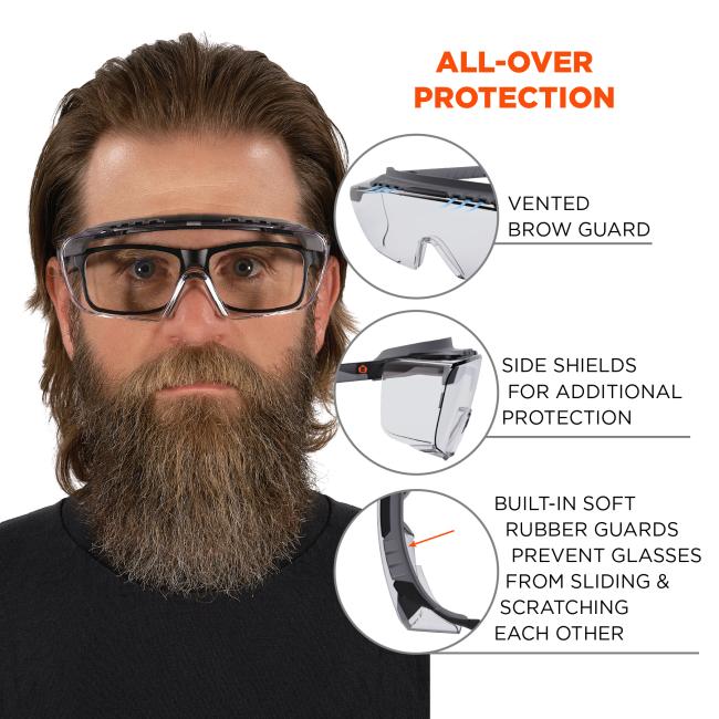 All-over preotection. Vented brow guard, side shields for additional protection, built-in soft rubber guards prevent glasses from sliding and scratching each other