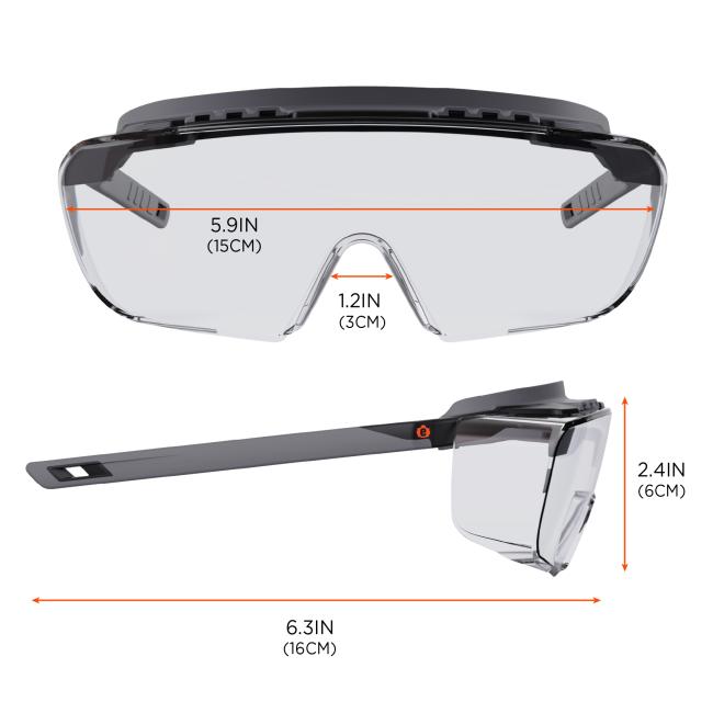 Lens width: 5.9 inches (15cm). Lens height: 2.4 inches (6cm). Nose width: 1.2 inches (3cm). Temple length: 6.3 inches (16cm)