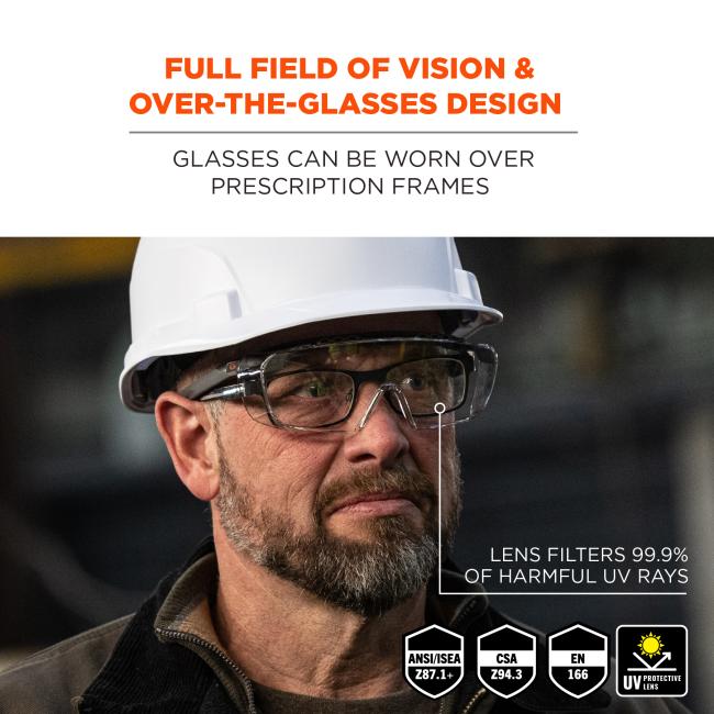 Full field of vision and over the glasses design, glasses can be work over prescription frames. Lens filters 99.9% of harmful uv rays. Meets ANSI/ISEA z87.1+ standards. CSA Z94.3 & EN 166 compliant