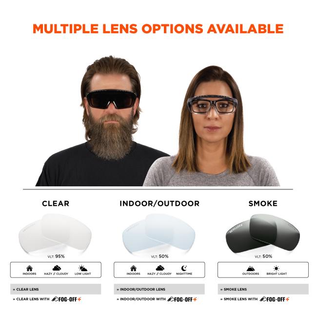 Multiple lens options available in clear, indoor-outdoor, and smoke