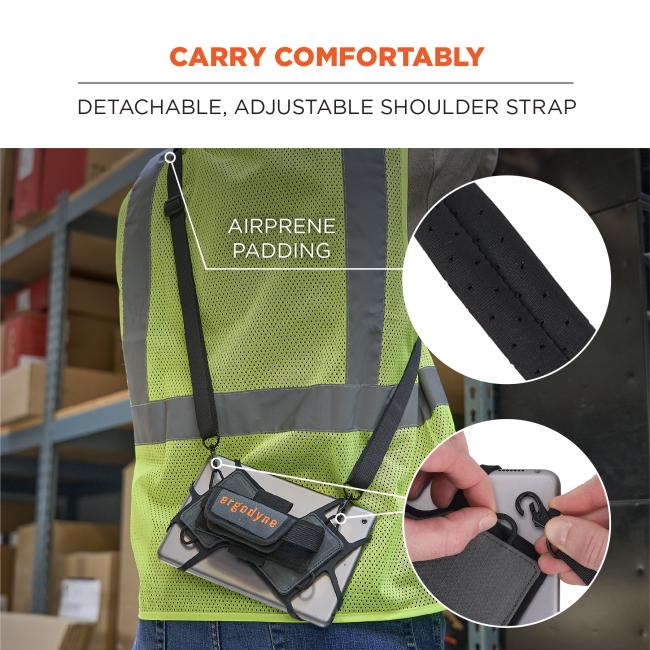 Torso in neon green safety vest with detachable black shoulder strap and a pouch holding a tablet, inset circles show strap padding and clasp.