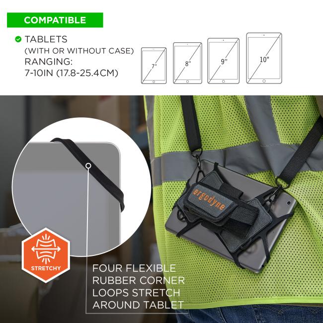 Tablet secured by four black elastic corner straps and a small pouch clipped to a neon green safety vest; diagram showing 7-10" tablet sizes.