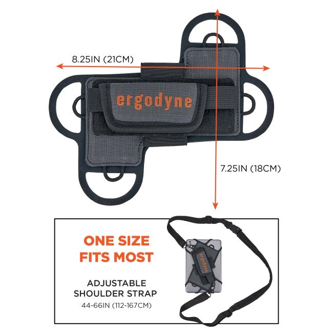 Black and gray fabric straps and pouches on a smartphone, orange 'ergodyne' embroidery, multiple loop handles and adjustable black shoulder strap.