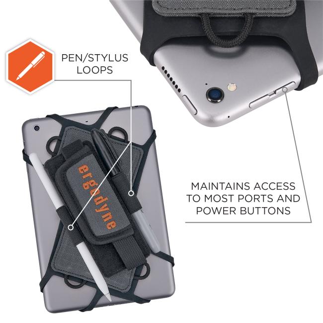 Silver tablet secured by black elastic harness and fabric strap with loops holding a white stylus and a black pen