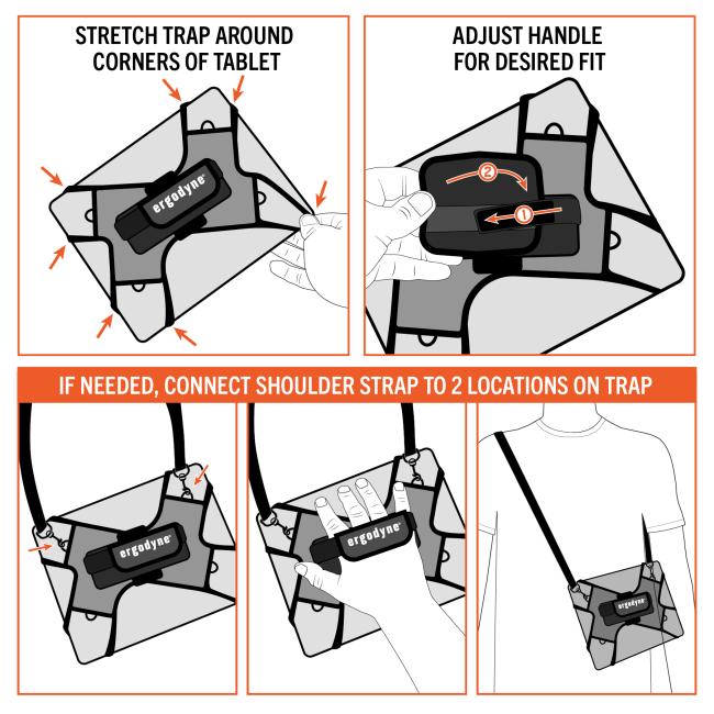 Diagram of tablet holder with corner elastic straps, adjustable padded handle, and shoulder strap shown worn across torso.
