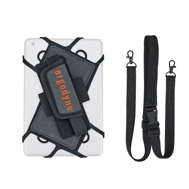 Tablet secured by black crisscross elastic harness with padded straps; separate black adjustable shoulder strap with swivel hooks and buckle