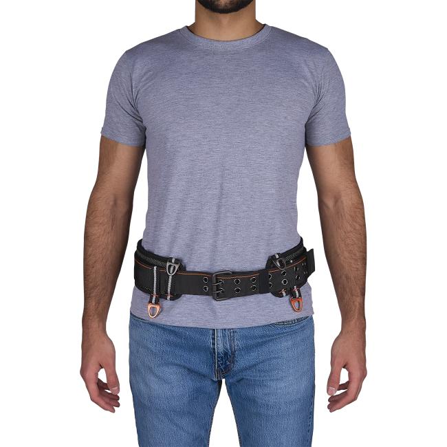 Front view of at-heights padded tool belt on model with belt closed