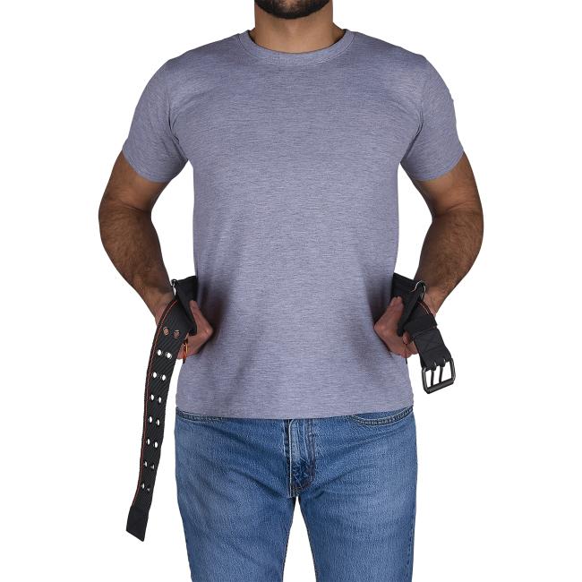 Front view of at-heights padded tool belt on model with belt open