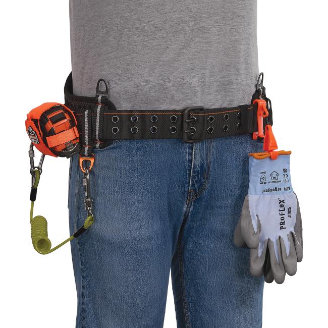 3q view of 7-inch at-heights padded tool belt on model