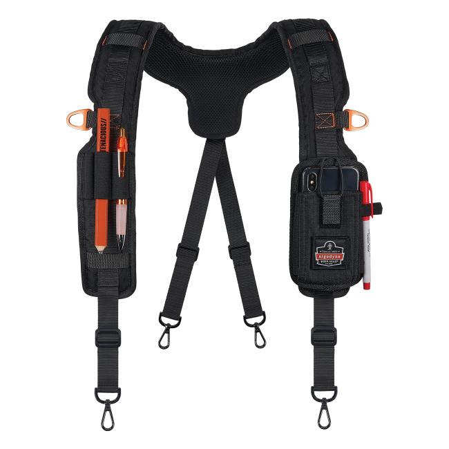Front view of propped at-heights padded tool belt suspenders