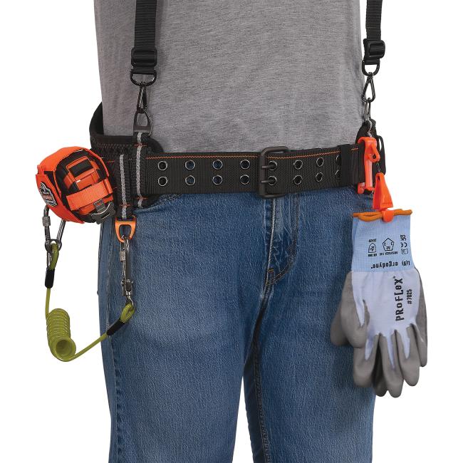 3q view of propped at-heights padded tool belt suspenders on model