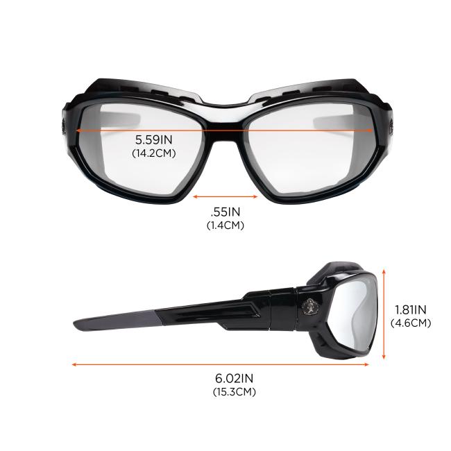 Dimensions: Size chart. 5.59in or 14.2cm across front of frames. 6.02in or 15.3cm profile length. Height of lens is 1.81in or 4.6cm