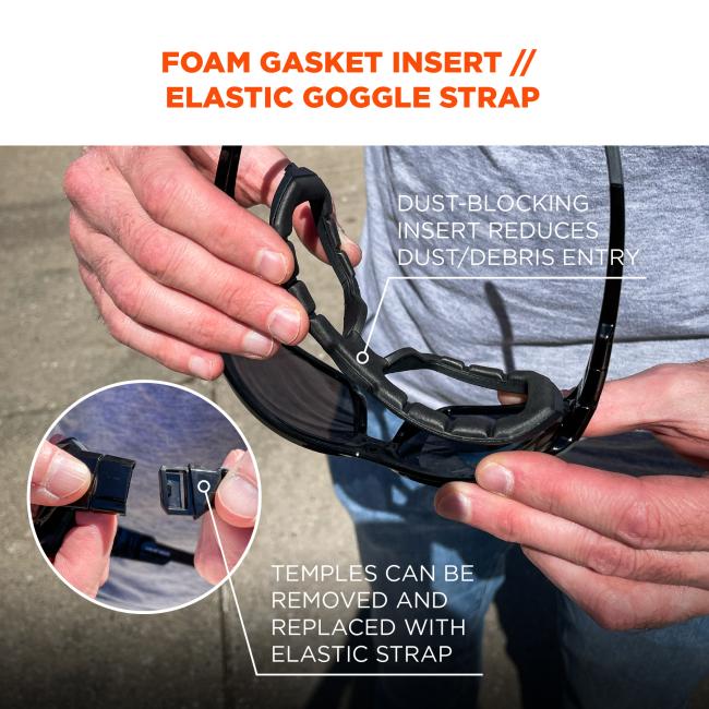 Foam gasket insert / elastic goggle strap: dust-blocking insert reduces dust/debris entry. Temples can be removed and replaced with elastic strap
