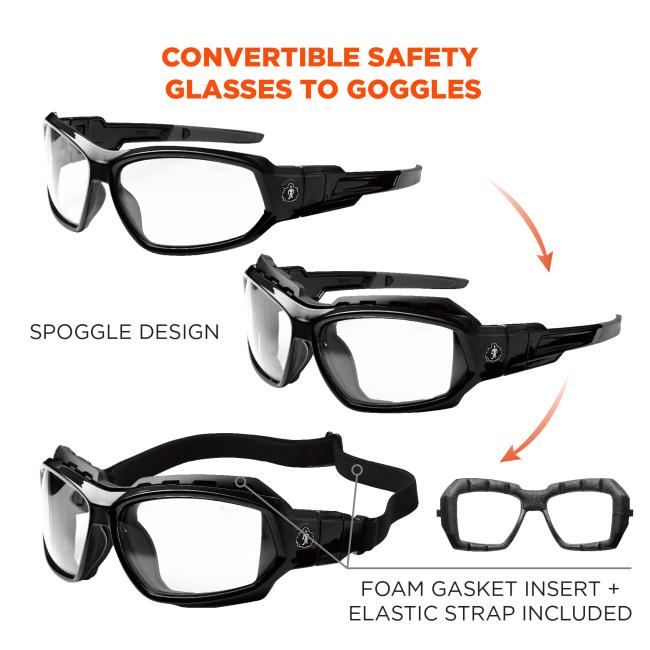 Convertible safety glasses to goggles. Spoggle design. Foam gasket insert + elastic strap included. 