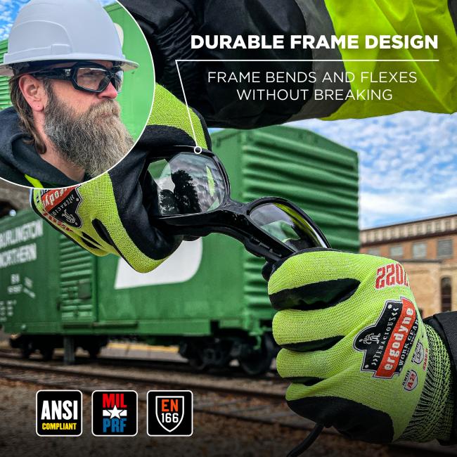 Durable frame design: frame bends and flexes without breaking. ANSI compliant, MIL-PRF, EN166 rated. 