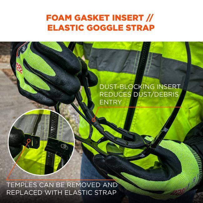 Foam gasket insert // elastic goggle strap. Dust-blocking insert reduces dust/debris entry. Temples can be removed and replaced with elastic strap. 