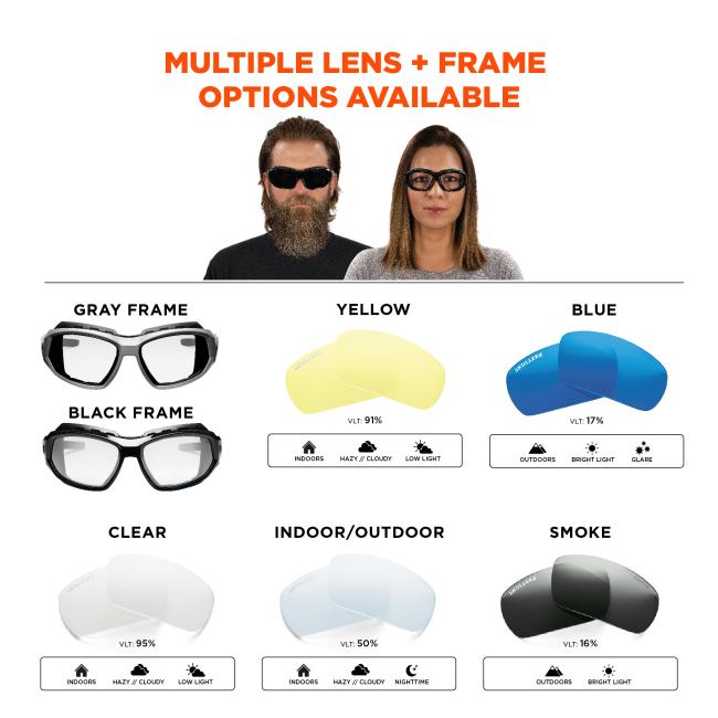 Multiple lens and frame options available. Gray or black frame. Yellow lens (VLT 91%, best for indoors, hazy and cloudy conditions, and low light). Blue lens (VLT 17%, best for outdoors, bright light, and glare). Clear lens (VLT 95%, best for indoors, hazy and cloudy conditions, low light). Indoor/outdoor lens (VLT 50%, best for indoors, hazy and cloudy conditions, nighttime.) Smoke lens (VLT 16%, best for outdoors and bright light). 