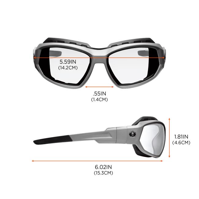 Size chart. 5.59in(14.2cm) across front of frame. Nose bridge is .55in(1.4cm) across. Total profile length is 6.02in(15.3cm). Height of front is 1.8in(4.6cm).