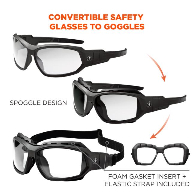 Convertible safety glasses to goggles. Spoggle design. Foam gasket insert and elastic strap included