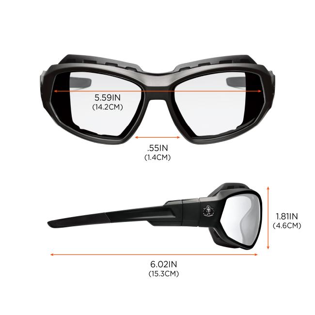 Dimensions: Size chart. 5.59in or 14.2cm across front of frames. 6.02in or 15.3cm profile length. Height of lens is 1.81in or 4.6cm