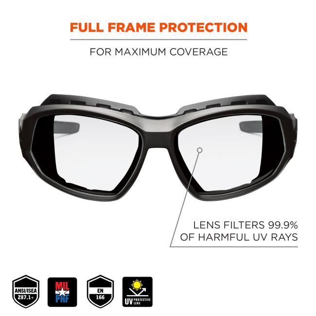 Full frame protection: for maximum coverage. Lens filters 99.9% of harmful UV rays. Lens filters 99.9% of harmful UV rays. ANSI/ISEA z87.1+. EN-166 rated. CSA Z94.3. MIL PRF.