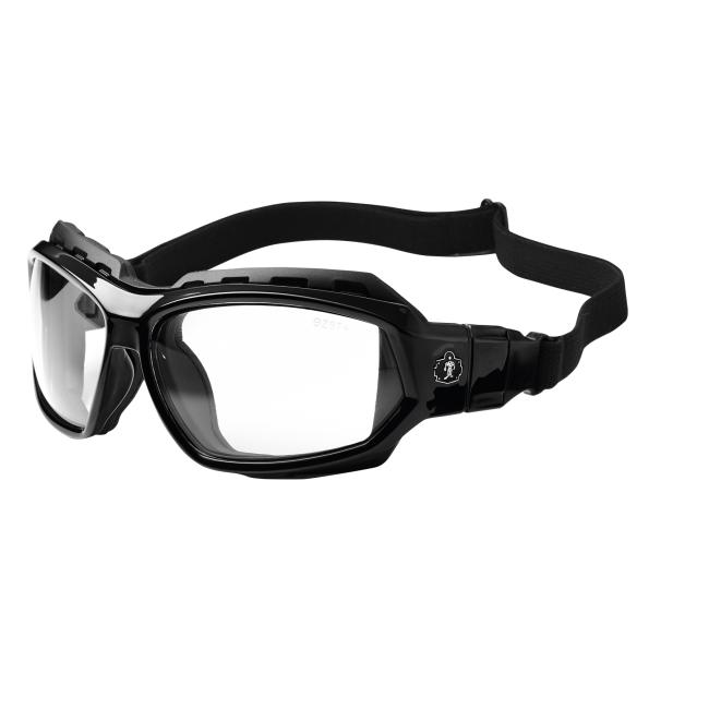 Three quarter view of glasses with gasket and strap attached