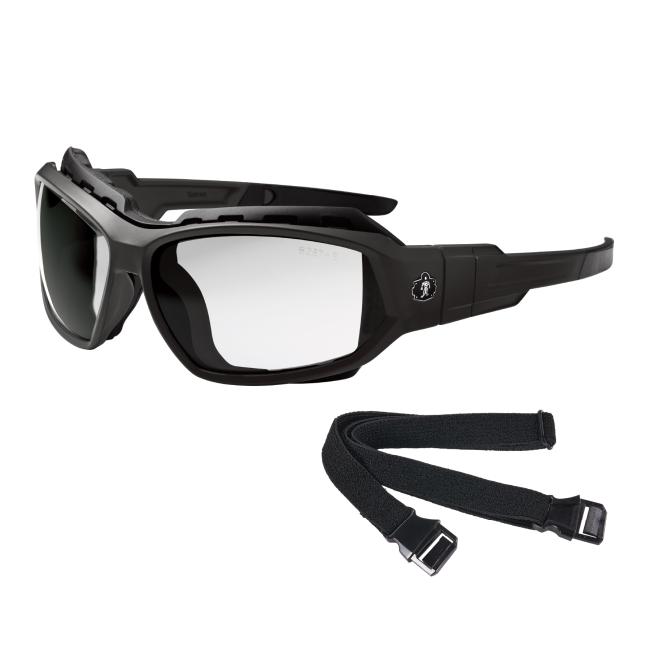 Three-quarter view of clear loki safety glasses