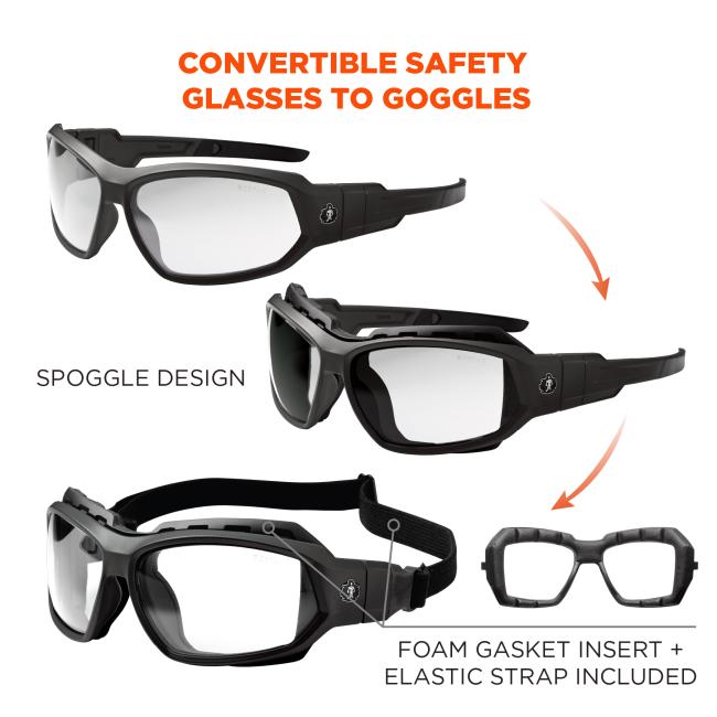 Convertible safety glasses to goggles. Spoggle design. Foam gasket and elastic strap included