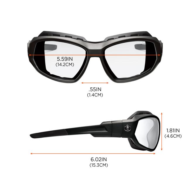 Lens width: 5.59 inches (14.2cm). Lens height: 1.81 inches (4.6cm). Nose width: 0.55 inch (1.4cm). Temple length: 6.02 inches (15.3cm)