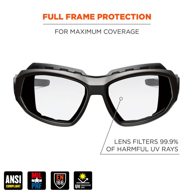 Full frame protection for maximum coverage. Lens filters 99.9% of harmful uv rays. ANSI, EN 166, and CSA compliant