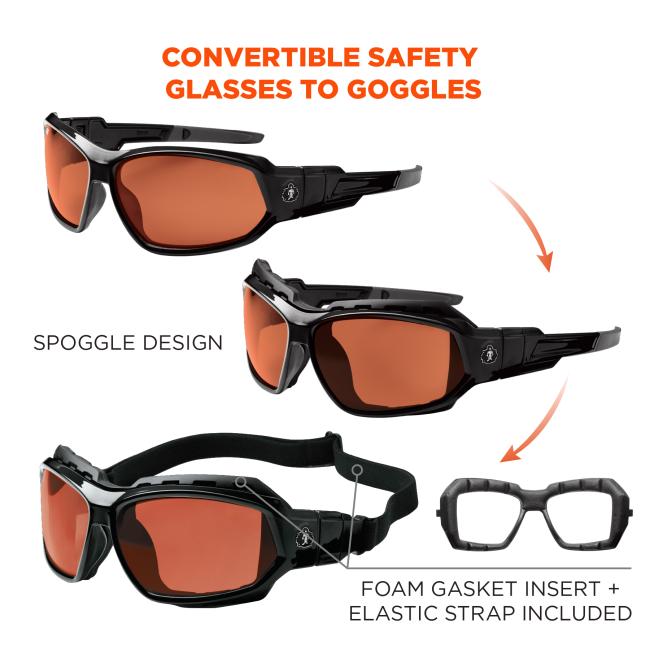 Convertible safety glasses to goggles. Spoggle design. Foam gasket insert and elastic strap included