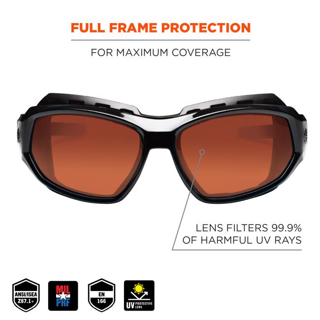 Full frame protection: for maximum coverage. Lens filters 99.9% of harmful UV rays. Lens filters 99.9% of harmful UV rays. ANSI/ISEA z87.1+. EN-166 rated. CSA Z94.3. MIL PRF.