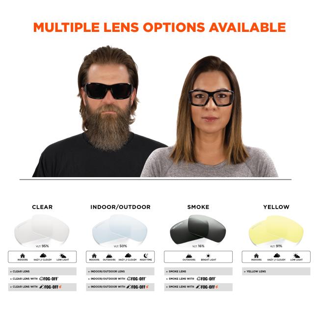 Multiple lens options available: Clear, Indoor/Outdoor, smoke and yellow. Clear: VLT 95%, worn indoors, hazy or cloudy outside, or in low light conditions. Indoor/Outdoor: VLT 50%, worn indoors, outdoors, hazy or cloudy, or nighttime. Smoke: VLT 16%, worn outdoors and in bright light. Yellow: VLT 91%, worn indoors, hazy/cloudy conditions and low light. All lenses but yellow can come with fog off or fog off plus treatment