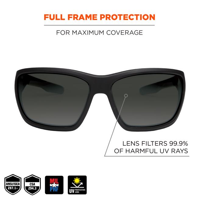 Full frame protection: for maximum coverage. lens filters 99/9% of harmful UV rays. ANSI/ISEA z87.1+. CSA Z94.3. MIL PRF. UV Protective Lens