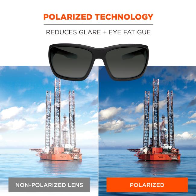 Polarized technology: reduces flar and eye fatigue. Image of bright non-polarized oil rig on left, clear crisp image of oil rig on right through polarized lens