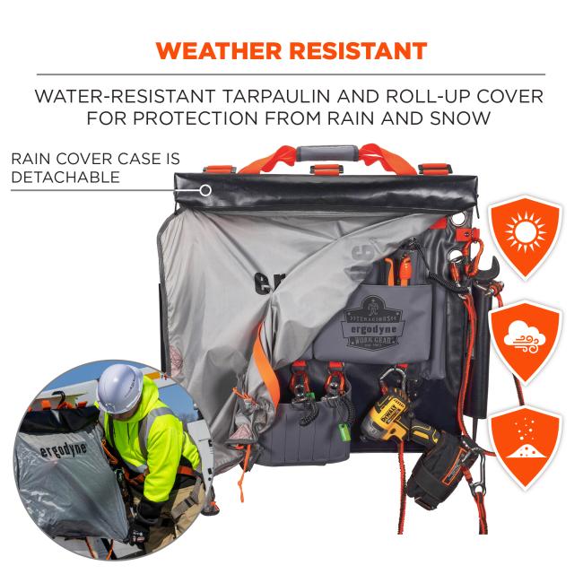 Weather resistant. Water-resistant tarpaulin and roll-up cover for protection from rain and snow. Rain cover case is detachable. Sun, wind, dust badges.