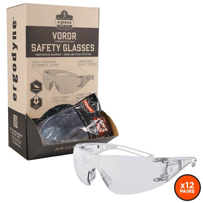 12-pack display of Vordr dielectric safety glasses .