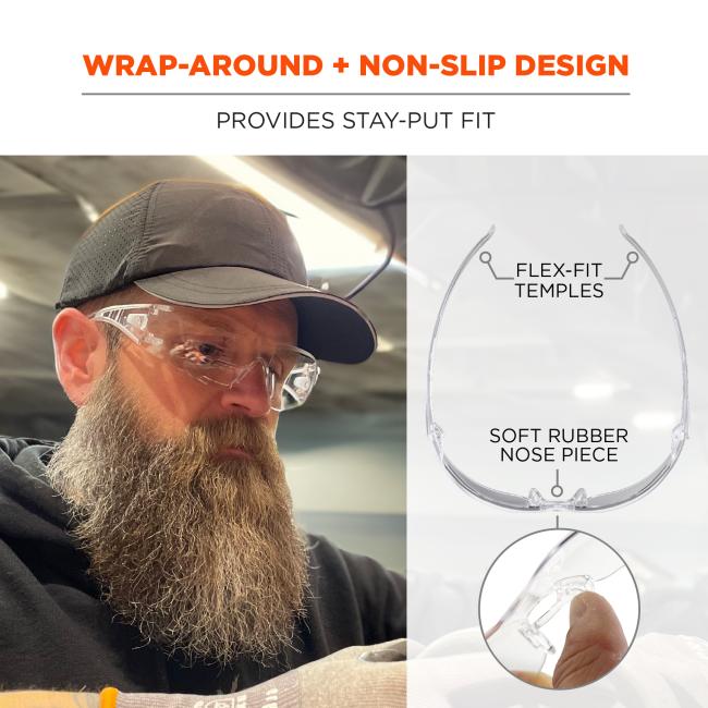 Wrap-around and non-slip design,provides stay-put fit. Flex-fit temples and soft rubber nose piece
