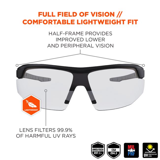 Full field of vision/comfortable lightweight fit: half-frame provides improved lower and peripheral vision. Lens filters 99.9% of harmful uv rays. Lightweight. ANSI/ISEA z87.1+ . CSA Z94.3 . MIL PRF. UV Protective Lens