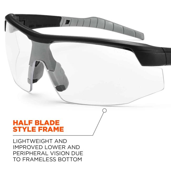 Half blade style frame: lightweight and improved lower and peripheral vision due to frameless bottom.
