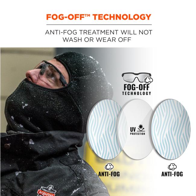 Fog-off technology: anti-fog treatment will not wash or wear off. Fog off technology. UV Protection