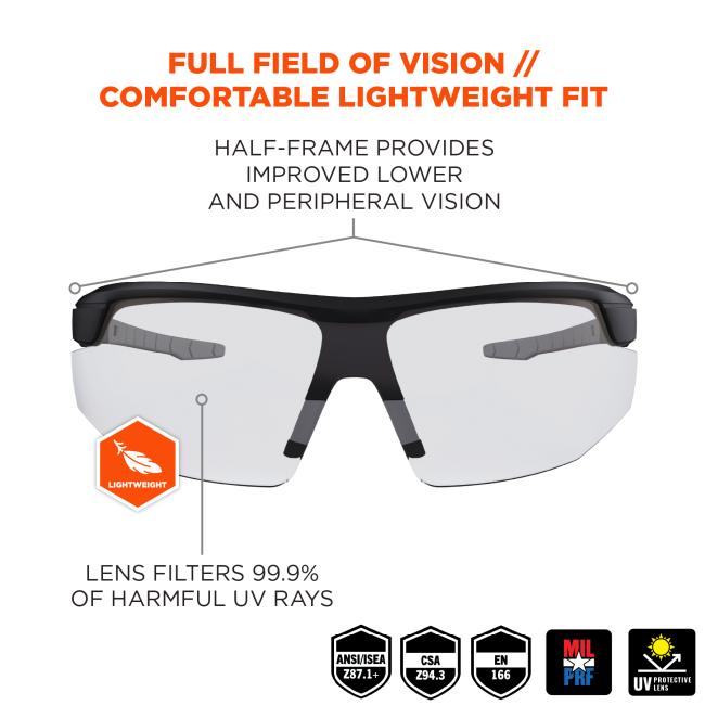 Full field of vision/comfortable lightweight fit: half-frame provides improved lower and peripheral vision. Lens filters 99.9% of harmful uv rays. Lightweight. ANSI/ISEA z87.1+ . CSA Z94.3 . MIL PRF. UV Protective Lens