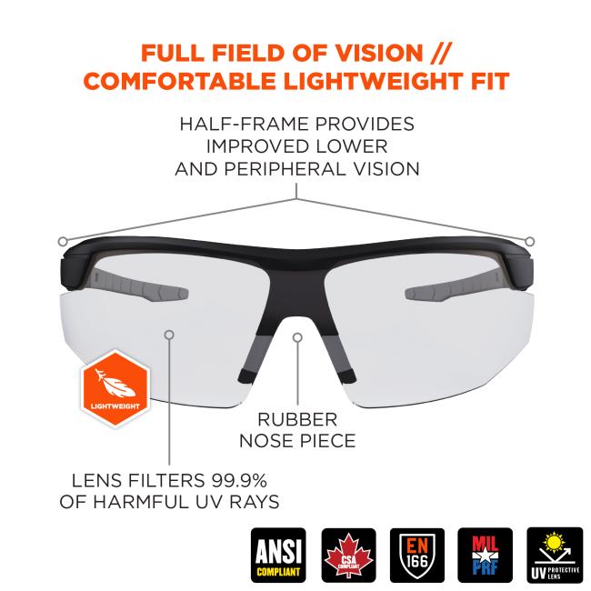 Full field of vision and comfortable lightweight fit. Half frame provides improved lower and peripheral vision. Rubber nose piece. Lens filters 99.9% of harmful uv rays. ANSI, EN 166, and CSA compliant