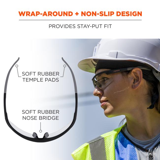 Wrap around and non-slip design provides stay-put fit. Over-molded rubber ends and soft rubber temple pads