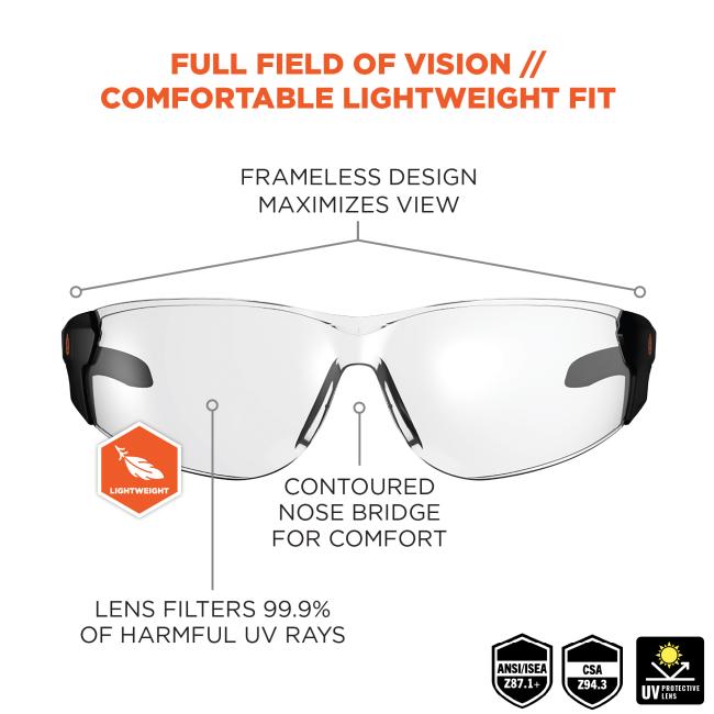 Full field of vision/comfortable lightweight fit: frameless design maximizes view. contoured nose bridge design. Lens filters 99.9% of harmful UV rays. Lightweight. ANSI/ISEA z87.1+. CSA Z94.3. UV Protective Lens