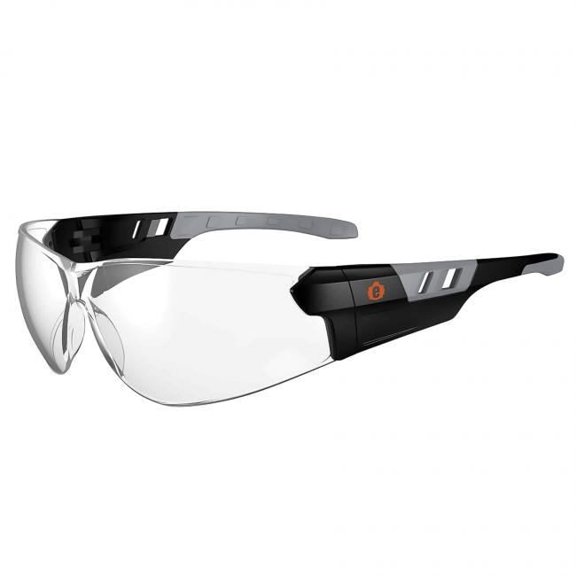 three quarter view of SAGA glasses with matte black frame and clear lens image 1