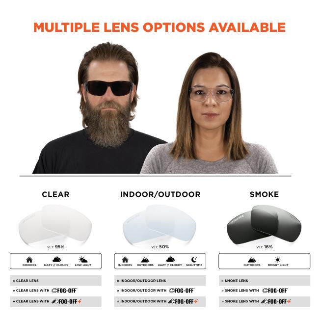 Multiple lens options available: Clear, Indoor/Outdoor, smoke. Clear: VLT 95%, worn indoors, hazy or cloudy outside, or in low light conditions. Indoor/Outdoor: VLT 50%, worn indoors, outdoors, hazy or cloudy, or nighttime. Smoke: VLT 50%, worn outdoors and in bright light. All lenses available in standard or with fog off or fog off+ treatment