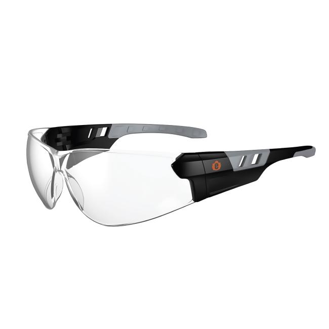 Three-quarter view of clear saga safety glasses