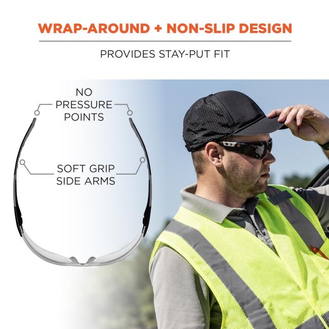 Wrap around and non-slip design provides stay-put fit. Over-molded rubber ends and soft rubber temple pads